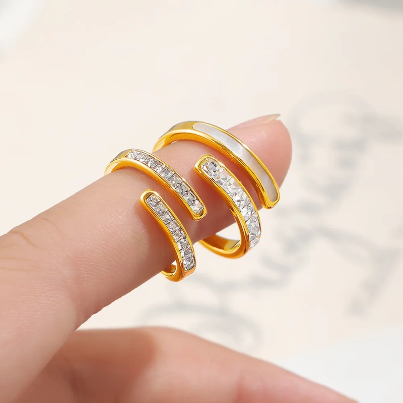 French Style High End Light Luxury Open Shell White Diamond Ring 18K Gold Plated Waterproof Stainless Steel YF8290