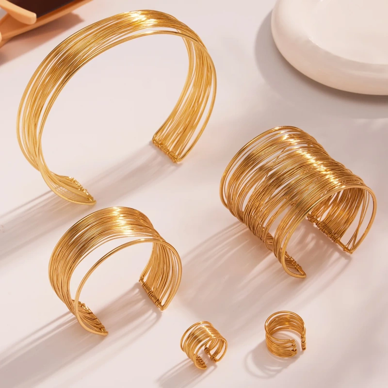 Exaggerated Winding Brushed Collar Bracelet Ring Jewelry Set 18K Gold Plated Waterproof Stainless Steel YF8252