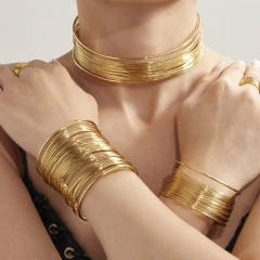 Exaggerated Winding Brushed Collar Bracelet Ring Jewelry Set 18K Gold Plated Waterproof Stainless Steel YF8252