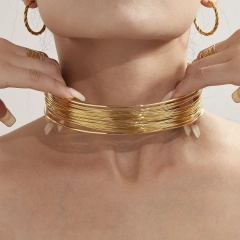 Exaggerated Winding Brushed Collar Bracelet Ring Jewelry Set 18K Gold Plated Waterproof Stainless Steel YF8252