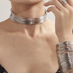 Exaggerated Winding Brushed Collar Bracelet Ring Jewelry Set 18K Gold Plated Waterproof Stainless Steel YF8252