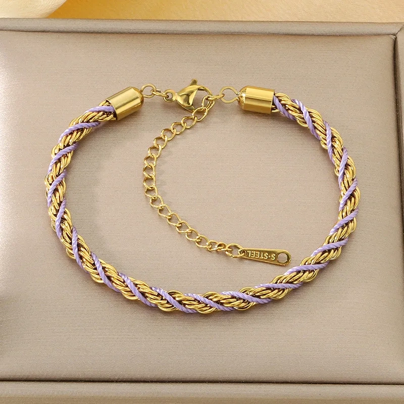 Fashion Hot Selling Ins Style Handmade Woven Colorful Twisted Bracelet 18K Gold Plated Waterproof Stainless Steel YF8277