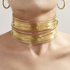 Exaggerated Winding Brushed Collar Bracelet Ring Jewelry Set 18K Gold Plated Waterproof Stainless Steel YF8252