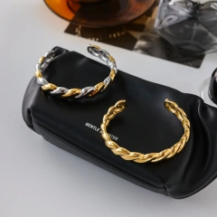 New Style Stainless Steel 18K Gold Plated Waterproof Jewelry Two Tone Twisted Daily Wear Women Open Bracelet YF6638