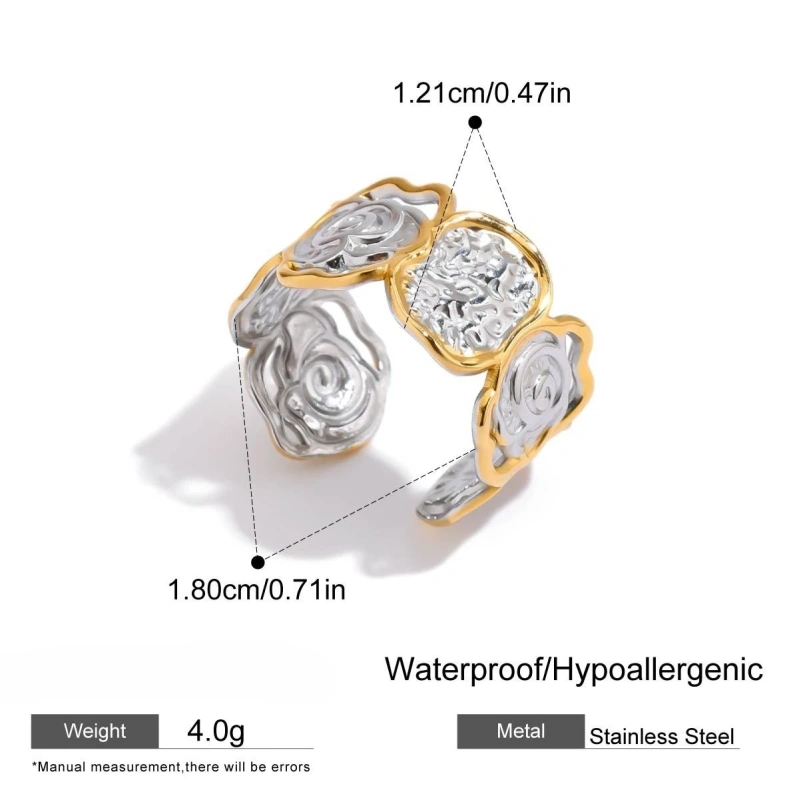 Waterproof Stainless Steel Women Jewelry Set 18K Gold Plated Hammered Irregular Geometric Open Bracelet Two Tone Ring YF6639
