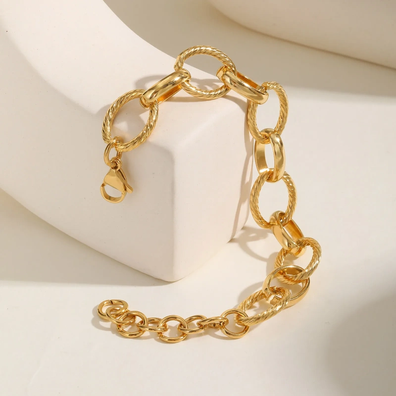 Stylish Womens Stainless Steel Glossy Bracelet Embossed Hand Jewelry Gold 18K Gold Plated Waterproof Stainless Steel YF8158