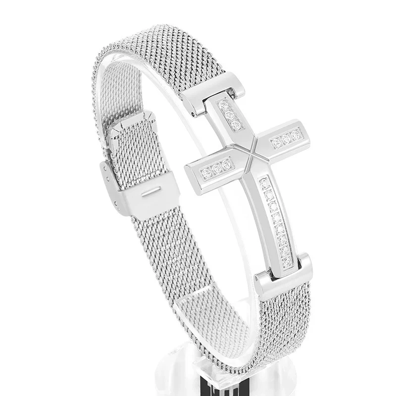 Hip Hop Style Personalized Zircon Cross Curved Mesh Strap Bracelet 18k Gold Plated Waterproof Stainless Steel Gift YF8122