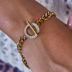 New Stainless Steel Waterproof Women Jewelry 18K Gold Plated Non Tarnish Zircon OT Clasp Chain Bracelet YF6641