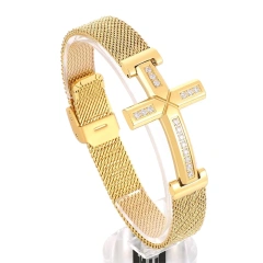 Hip Hop Style Personalized Zircon Cross Curved Mesh Strap Bracelet 18k Gold Plated Waterproof Stainless Steel Gift YF8122