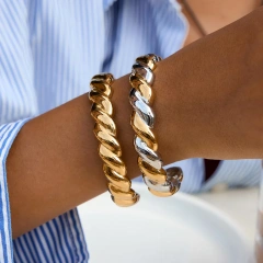 New Style Stainless Steel 18K Gold Plated Waterproof Jewelry Two Tone Twisted Daily Wear Women Open Bracelet YF6638