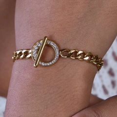 New Stainless Steel Waterproof Women Jewelry 18K Gold Plated Non Tarnish Zircon OT Clasp Chain Bracelet YF6641