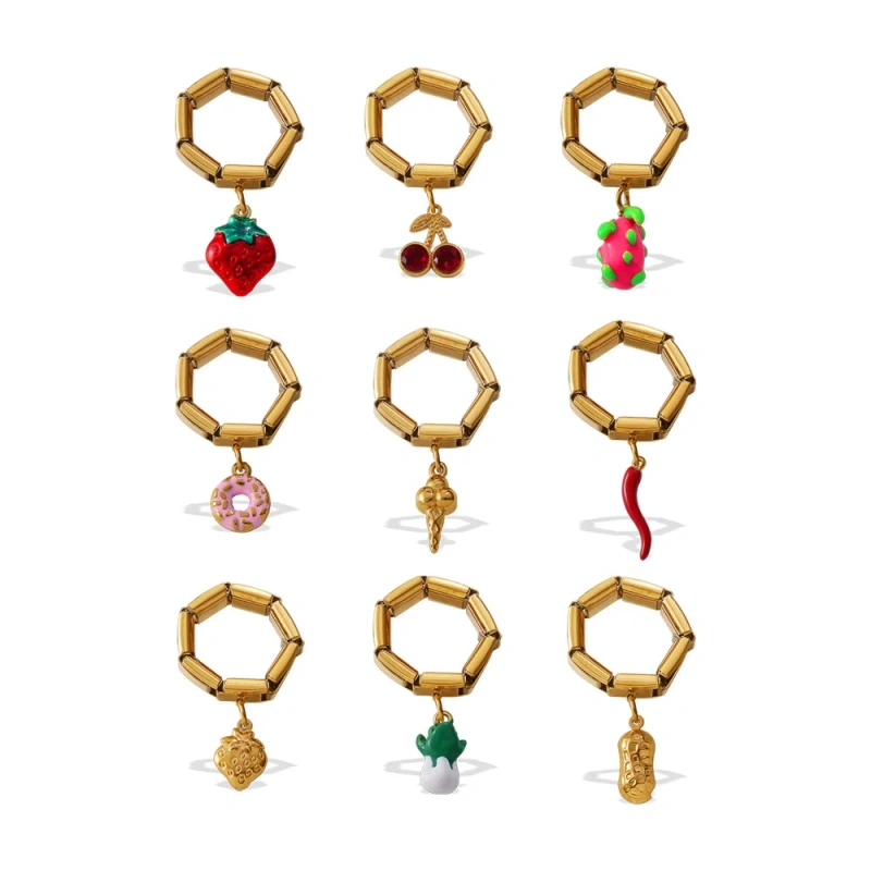 New DIY Pendant Ring Ring Gold Multi Element Pendant Ring Women 18K Gold Plated Waterproof Stainless Steel YF8199
