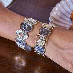 Waterproof Stainless Steel Women Jewelry Set 18K Gold Plated Hammered Irregular Geometric Open Bracelet Two Tone Ring YF6639