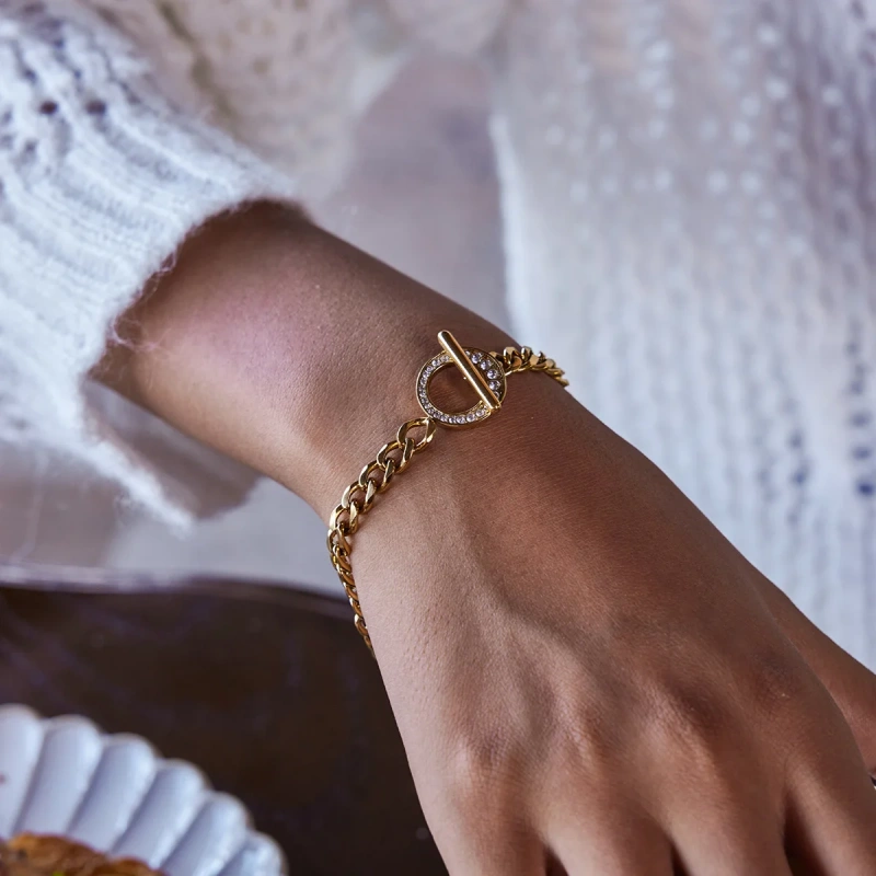 New Stainless Steel Waterproof Women Jewelry 18K Gold Plated Non Tarnish Zircon OT Clasp Chain Bracelet YF6641