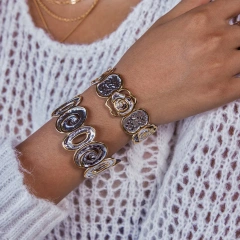 Waterproof Stainless Steel Women Jewelry Set 18K Gold Plated Hammered Irregular Geometric Open Bracelet Two Tone Ring YF6639