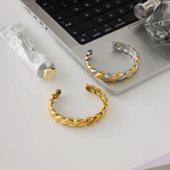 New Style Stainless Steel 18K Gold Plated Waterproof Jewelry Two Tone Twisted Daily Wear Women Open Bracelet YF6638