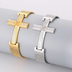 Hip Hop Style Personalized Zircon Cross Curved Mesh Strap Bracelet 18k Gold Plated Waterproof Stainless Steel Gift YF8122