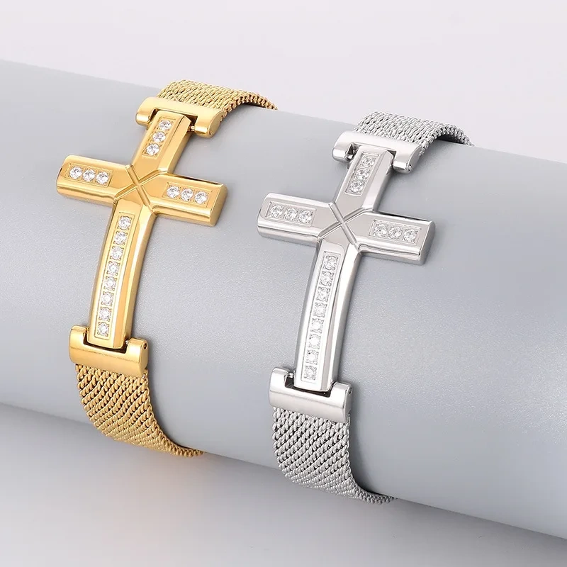 Hip Hop Style Personalized Zircon Cross Curved Mesh Strap Bracelet 18k Gold Plated Waterproof Stainless Steel Gift YF8122