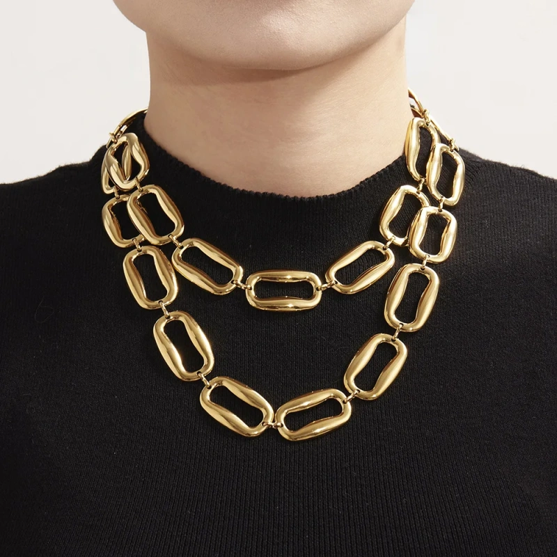 High Polished Stainless Steel Rectangular Necklace Bracelet Jewelry Set 18K Gold Plated Waterproof Stainless Steel YF8166