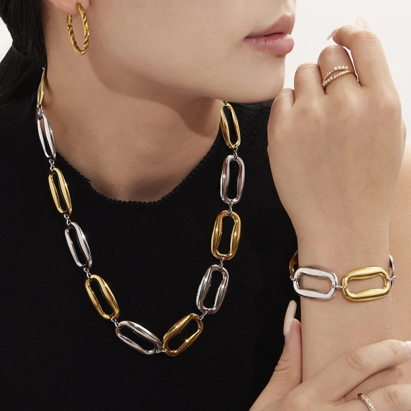 High Polished Stainless Steel Rectangular Necklace Bracelet Jewelry Set 18K Gold Plated Waterproof Stainless Steel YF8166