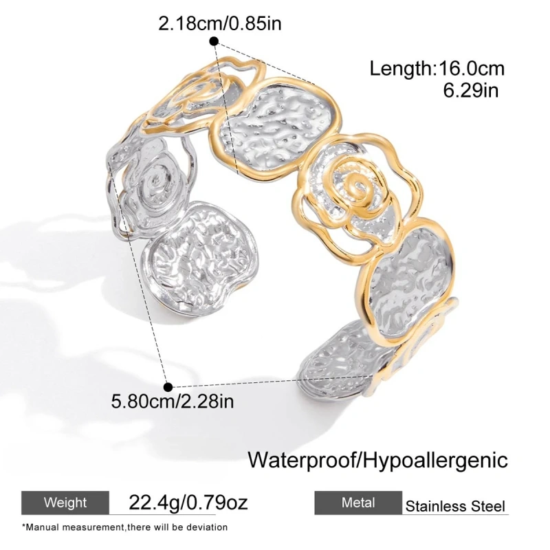 Waterproof Stainless Steel Women Jewelry Set 18K Gold Plated Hammered Irregular Geometric Open Bracelet Two Tone Ring YF6639