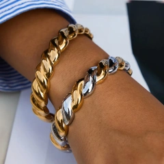 New Style Stainless Steel 18K Gold Plated Waterproof Jewelry Two Tone Twisted Daily Wear Women Open Bracelet YF6638