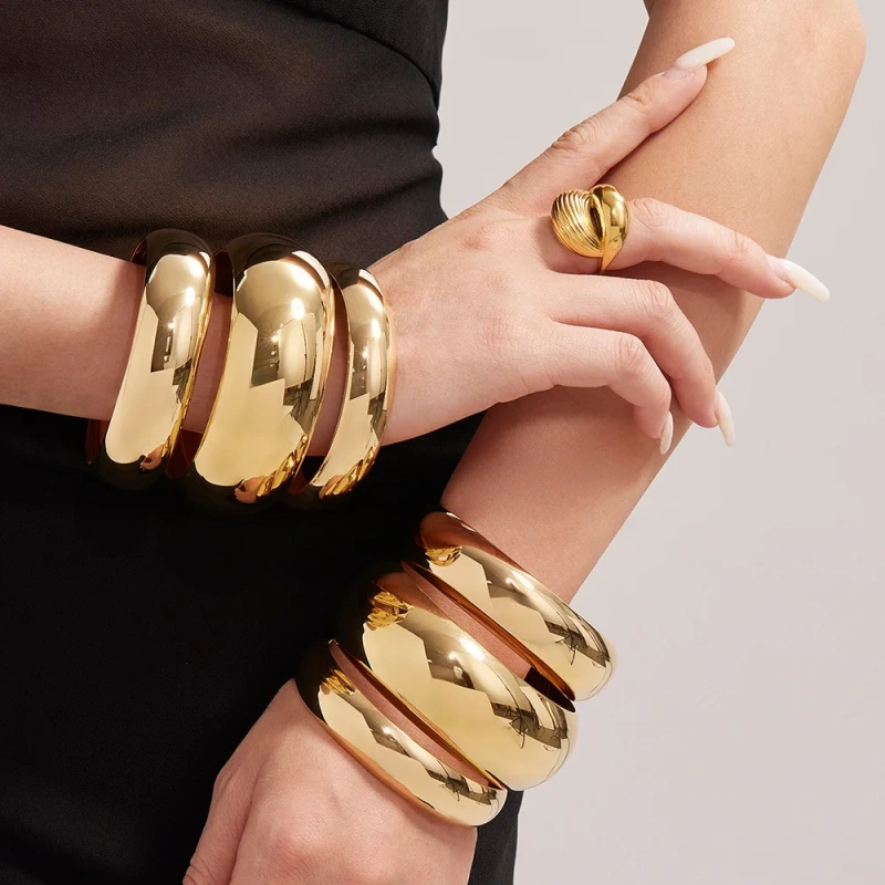 Fine Polished Spherical Widened Bracelet with Metallic Texture 18K Gold Plated Waterproof Stainless Steel YF8165