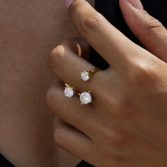 Waterproof Stainless Steel 18K Gold Plated Hypoallergenic Claw Set Three Zircons Women Open Ring YF6643