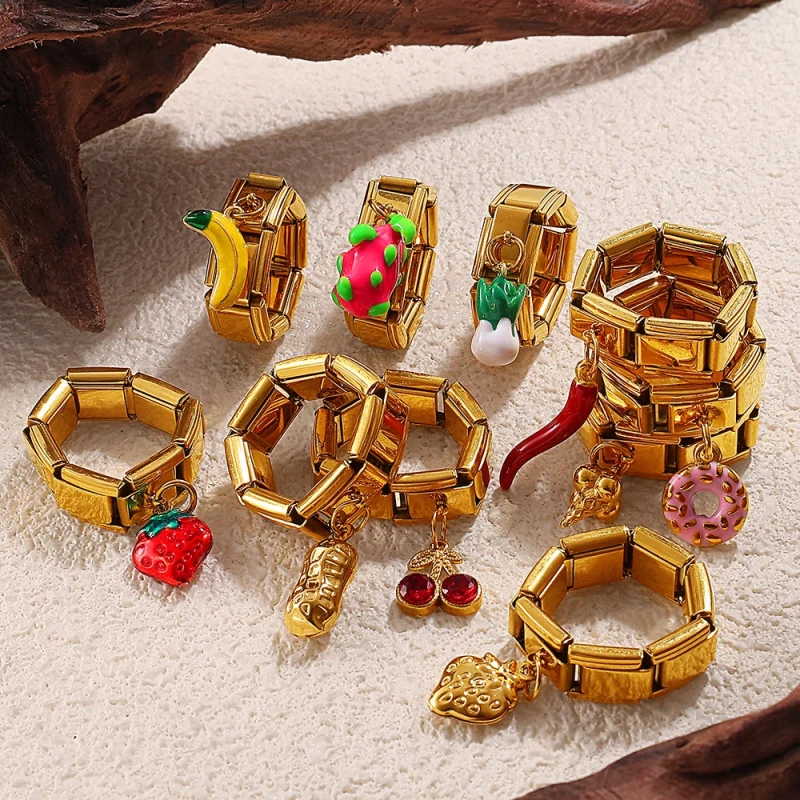 New DIY Pendant Ring Ring Gold Multi Element Pendant Ring Women 18K Gold Plated Waterproof Stainless Steel YF8199
