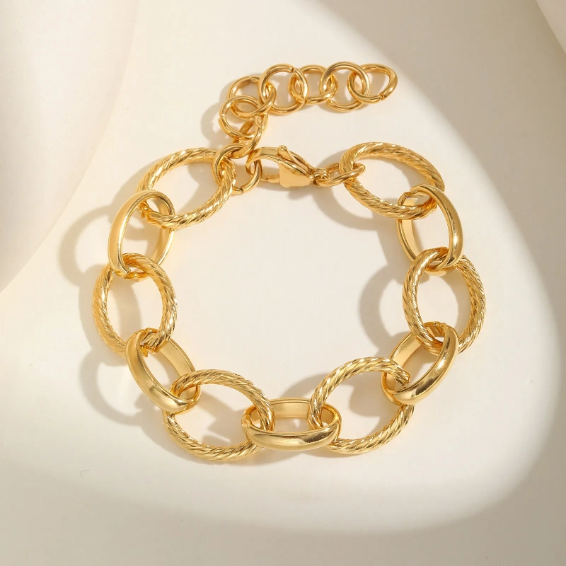 Stylish Womens Stainless Steel Glossy Bracelet Embossed Hand Jewelry Gold 18K Gold Plated Waterproof Stainless Steel YF8158