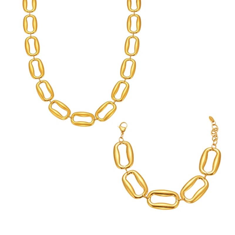 High Polished Stainless Steel Rectangular Necklace Bracelet Jewelry Set 18K Gold Plated Waterproof Stainless Steel YF8166