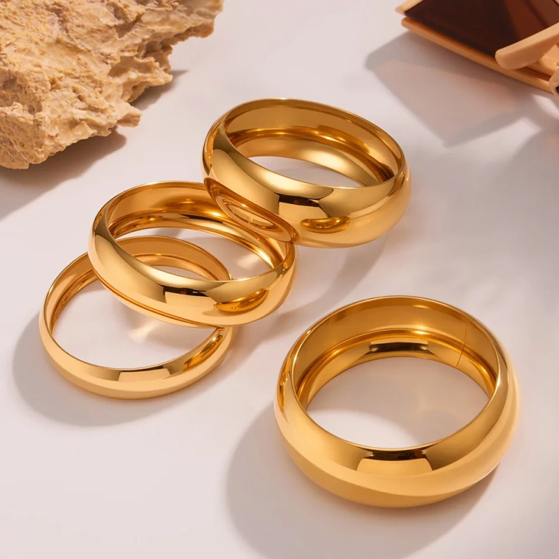 Fine Polished Spherical Widened Bracelet with Metallic Texture 18K Gold Plated Waterproof Stainless Steel YF8165