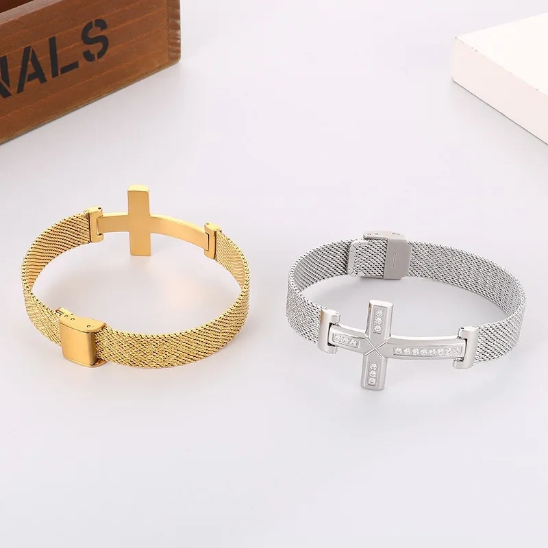 Hip Hop Style Personalized Zircon Cross Curved Mesh Strap Bracelet 18k Gold Plated Waterproof Stainless Steel Gift YF8122