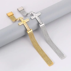 Hip Hop Style Personalized Zircon Cross Curved Mesh Strap Bracelet 18k Gold Plated Waterproof Stainless Steel Gift YF8122