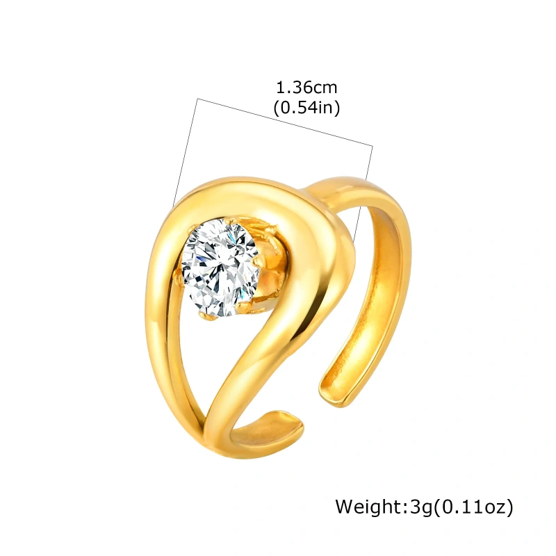 Stylish Womens Zircon Geometric Lines Open Ring Adjustable 18k Gold Plated Waterproof Stainless Steel YF8128