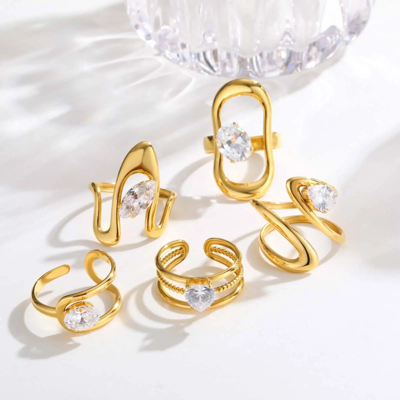 Stylish Womens Zircon Geometric Lines Open Ring Adjustable 18k Gold Plated Waterproof Stainless Steel YF8128