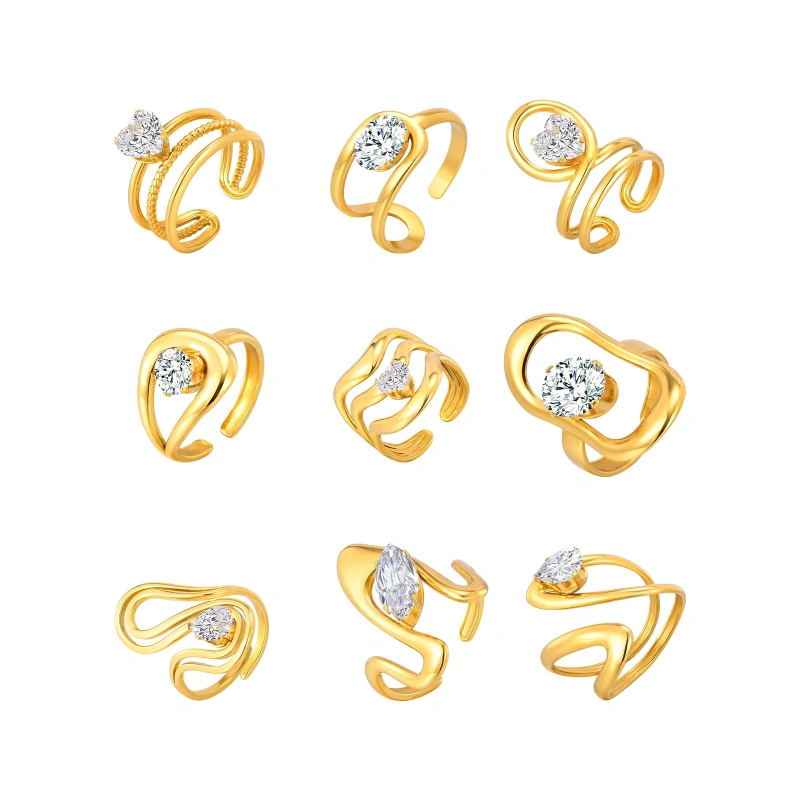 Stylish Womens Zircon Geometric Lines Open Ring Adjustable 18k Gold Plated Waterproof Stainless Steel YF8128