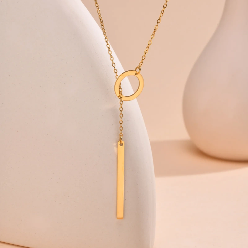 Niche Cross Chain Ring Necklace Gold Rectangular Bar Adjustable Clavicle Chain 18K Gold Plated Waterproof Stainless Steel YF8145