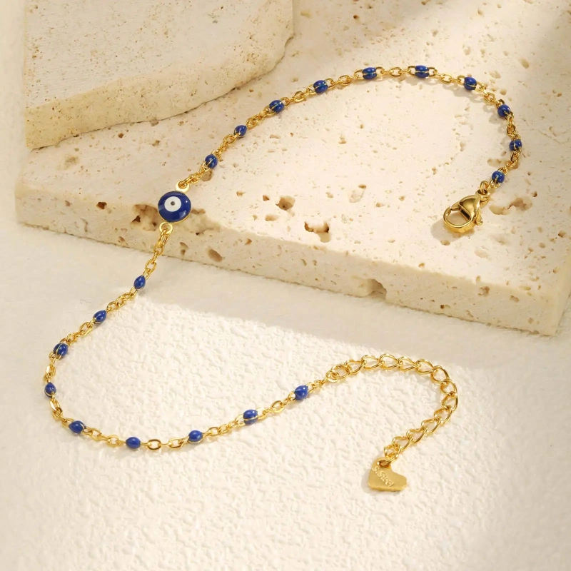 Temperament Blue Rice Bead Foot Decoration Devils Eye Anklet Gold 18K Gold Plated Waterproof Stainless Steel YF8138