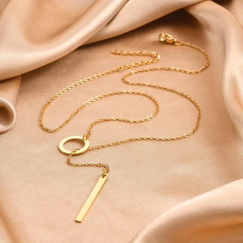 Niche Cross Chain Ring Necklace Gold Rectangular Bar Adjustable Clavicle Chain 18K Gold Plated Waterproof Stainless Steel YF8145