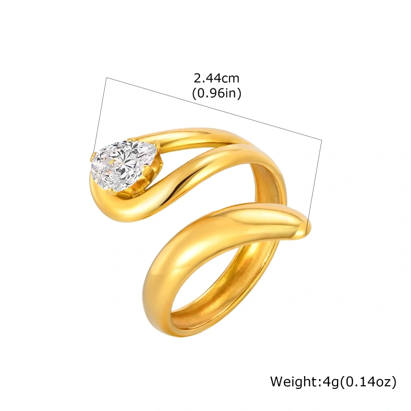 Stylish Womens Zircon Geometric Lines Open Ring Adjustable 18k Gold Plated Waterproof Stainless Steel YF8128