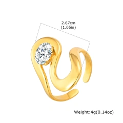 Stylish Womens Zircon Geometric Lines Open Ring Adjustable 18k Gold Plated Waterproof Stainless Steel YF8128