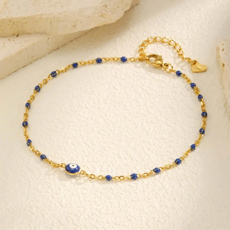 Temperament Blue Rice Bead Foot Decoration Devils Eye Anklet Gold 18K Gold Plated Waterproof Stainless Steel YF8138