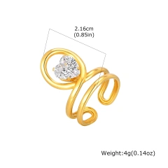 Stylish Womens Zircon Geometric Lines Open Ring Adjustable 18k Gold Plated Waterproof Stainless Steel YF8128