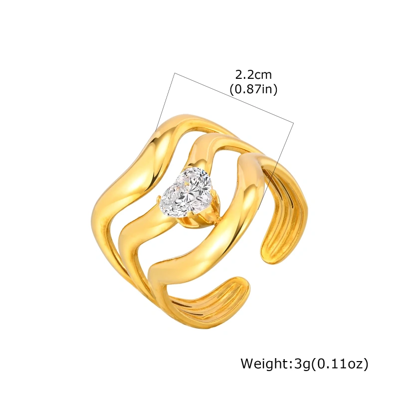 Stylish Womens Zircon Geometric Lines Open Ring Adjustable 18k Gold Plated Waterproof Stainless Steel YF8128