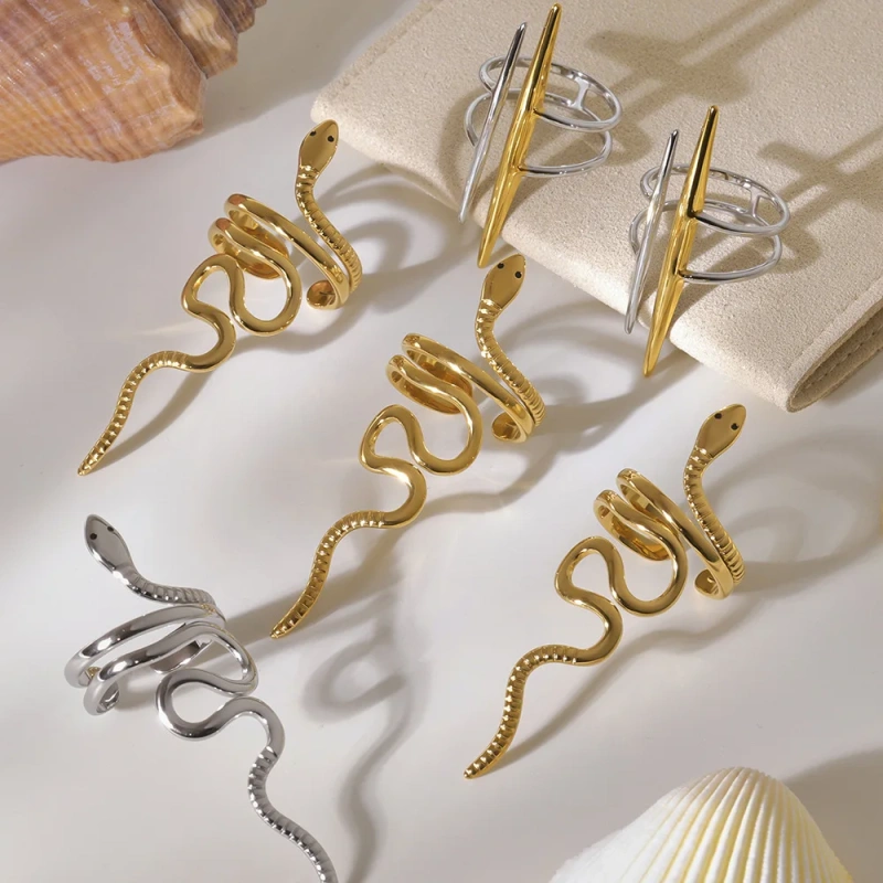 Distinctive Two Tone Snake Shape 18K Gold Plated Waterproof Stainless Steel Index Finger Ring for Party YF8009