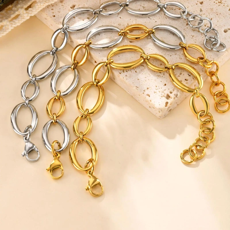 Simple Large Chain Geometric Bracelet Necklace 18k Gold Plated Waterproof Stainless Steel Jewelry Set Gift YF8125