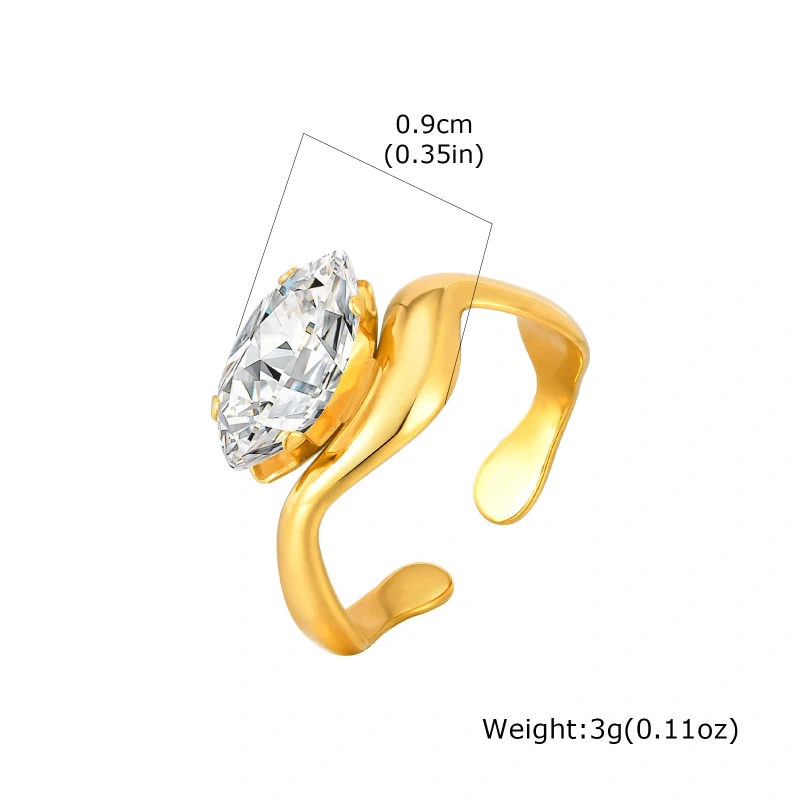 Stylish Womens Zircon Geometric Lines Open Ring Adjustable 18k Gold Plated Waterproof Stainless Steel YF8128