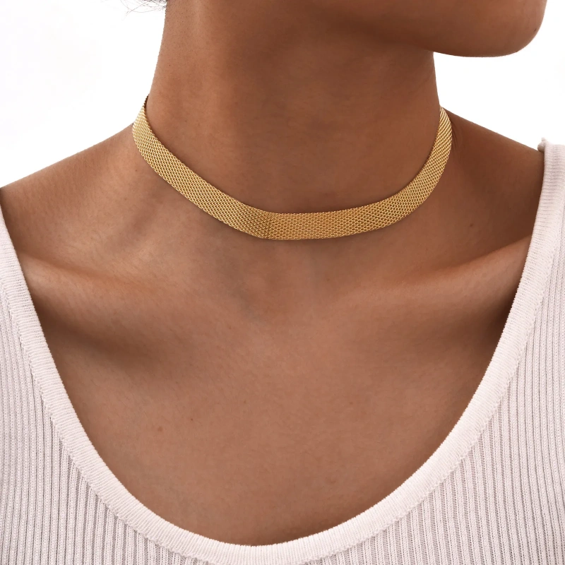 Stylish Versatile Stainless Steel Mesh Strap Necklace Gold Collarbone Chain 18K Gold Plated Waterproof Stainless Steel YF8160