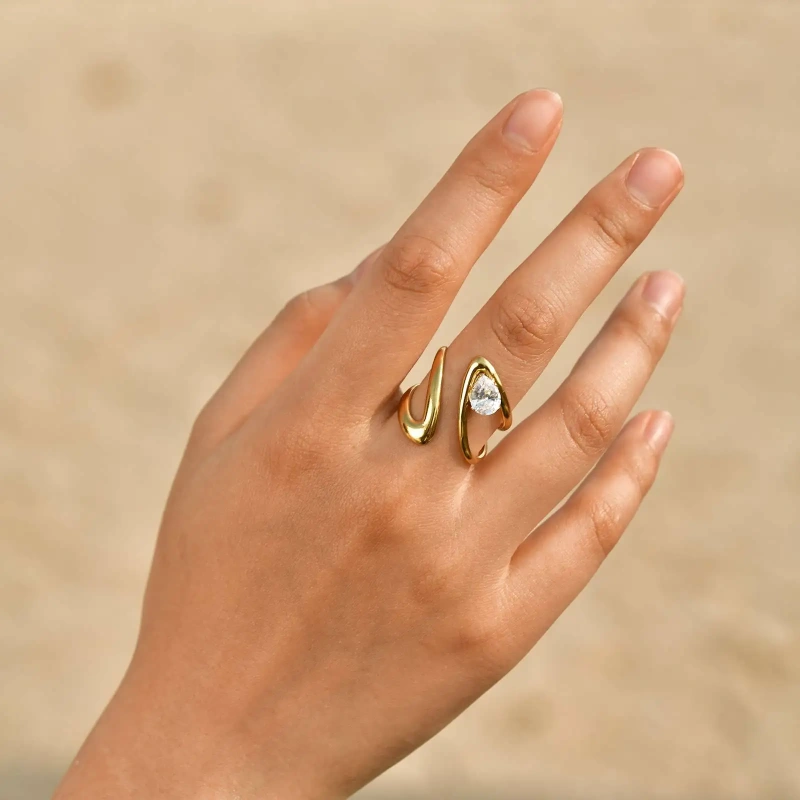 Stylish Womens Zircon Geometric Lines Open Ring Adjustable 18k Gold Plated Waterproof Stainless Steel YF8128